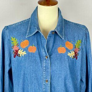 Vtg Cherokee Button Front Denim Shirt Sz 18W Embroidered Pumpkins Autumn